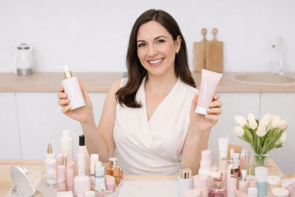 Conseillère beauté présentant des produits cosmétiques lors d’un atelier beauté à domicile