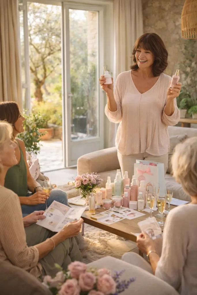 Groupe d'ami(e)s souriant(e)s lors d'une réunion cosmétique à domicile organisée à Salon-de-Provence avec Christine.