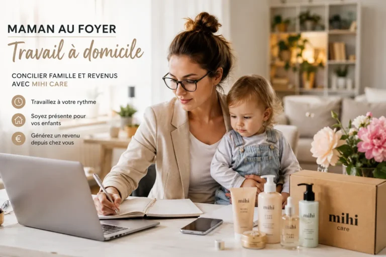 Une maman au foyer profitant du travail à domicile avec Mihi Care tout en s'occupant de ses enfants avec le sourire.